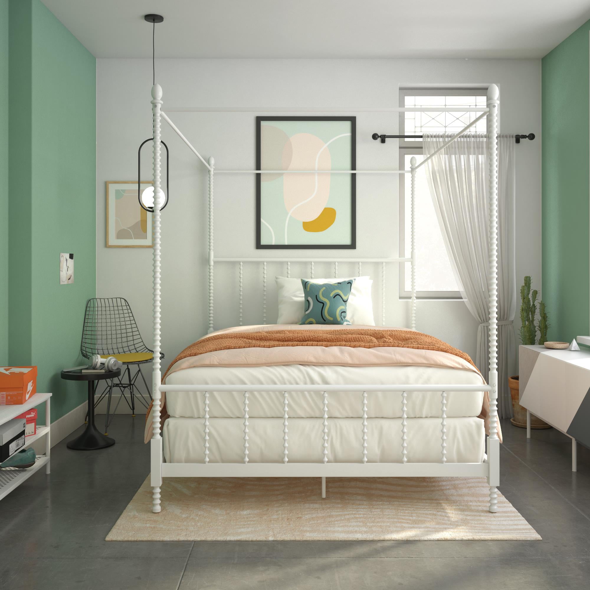 DHP Jenny Lind Queen Canopy Poster Bed Frame, White