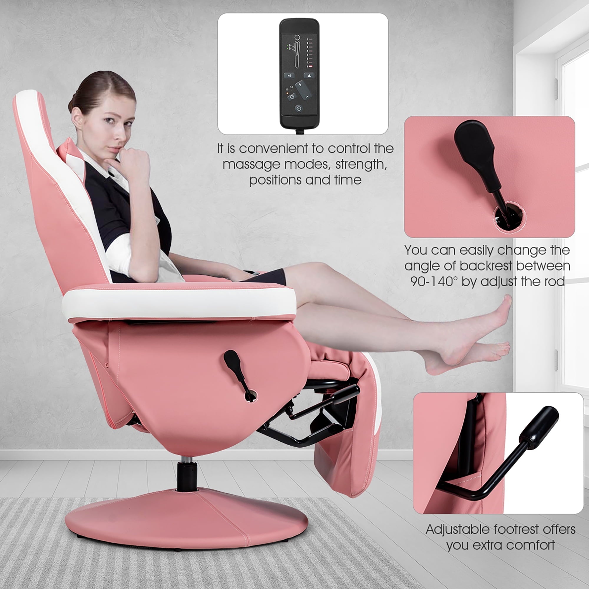 Goplus Massage Gaming Recliner Reclining Racing Chair Swivel w/Cup Holder & Pillow Pink