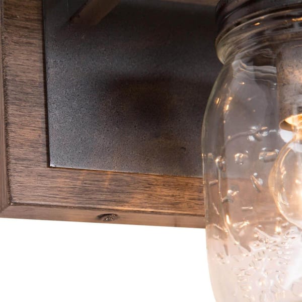 Modern Farmhouse Rust Black 3-Light Bathroom Vanity Light with Textured Faux Wood Accent and Mason Jar Glass Shades