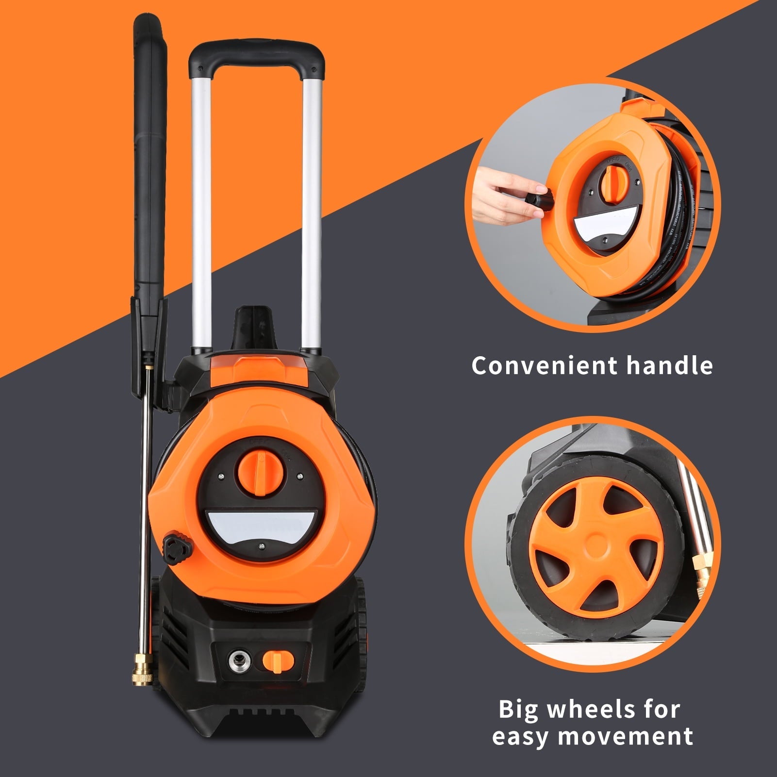 SUGIFT 3300PSI Electric Pressure Washer with 4 Nozzles Foam Cannon and Hose Reel Orange