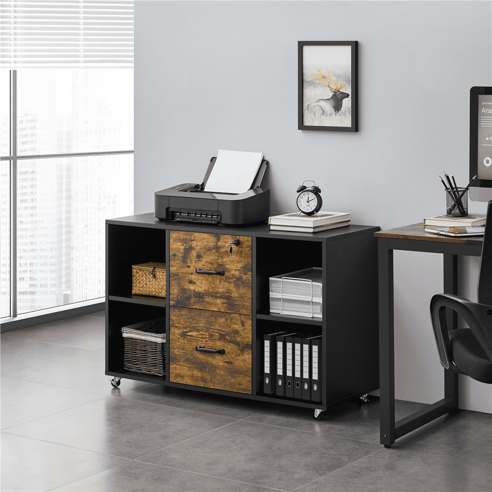 SmileMart Rolling File Cabinet with 2 Drawers, Black/Rustic Brown