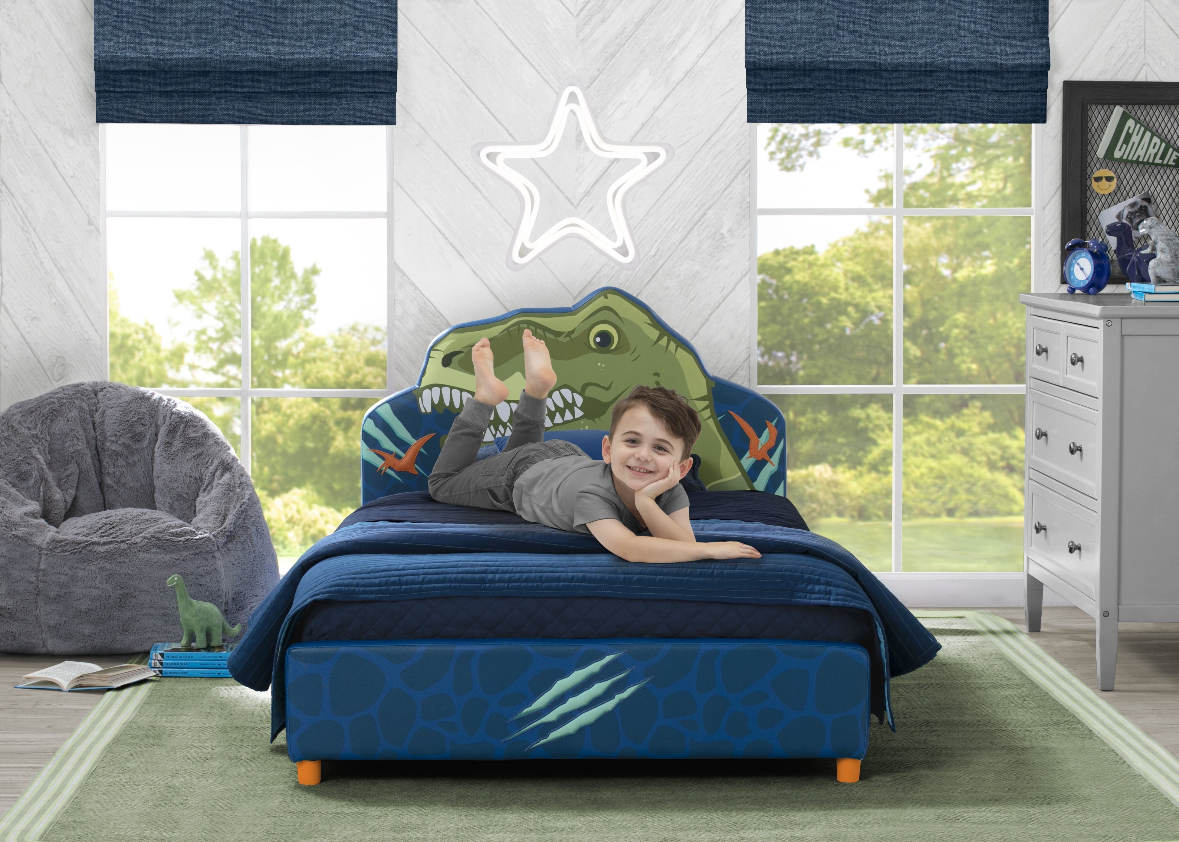Delta Children Dinosaur Upholstered Twin Bed, Blue