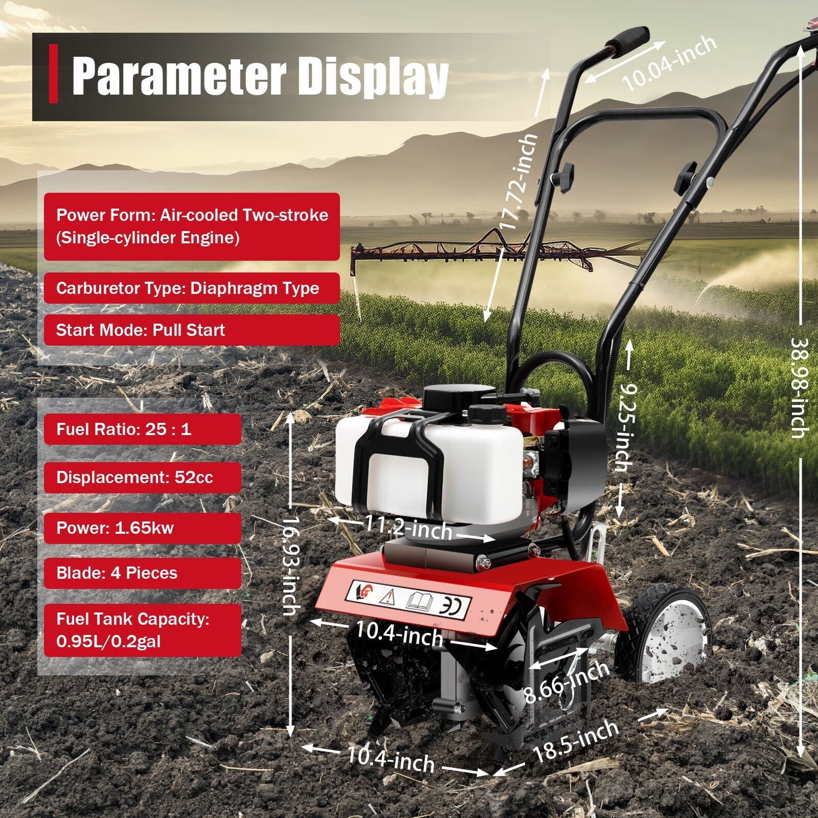 Wuzstar 52CC 2 Stroke Gasoline Engine Rototiller Mini Garden Single-Cylinder Tiller Cultivator