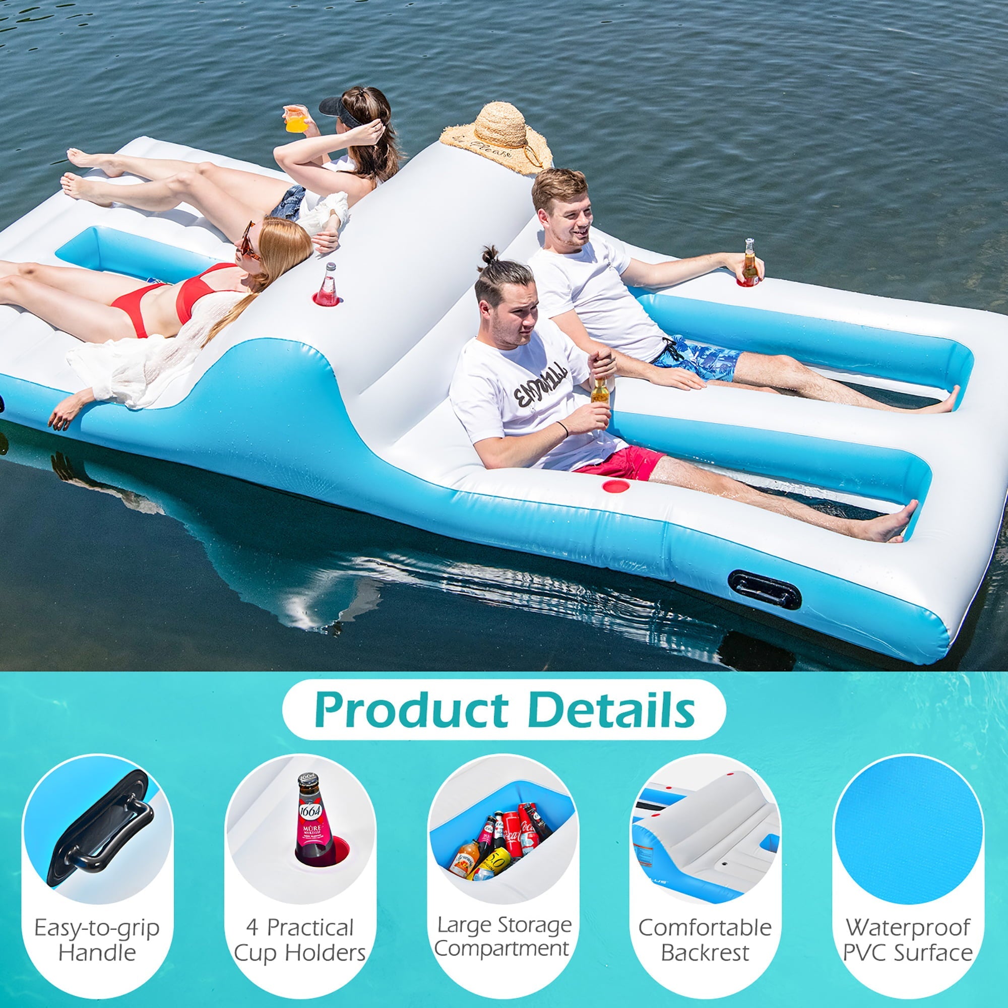 Costway Giant 4 Person Inflatable Island Lake Floating Lounge Raft W/ 130W Electric Air Pump