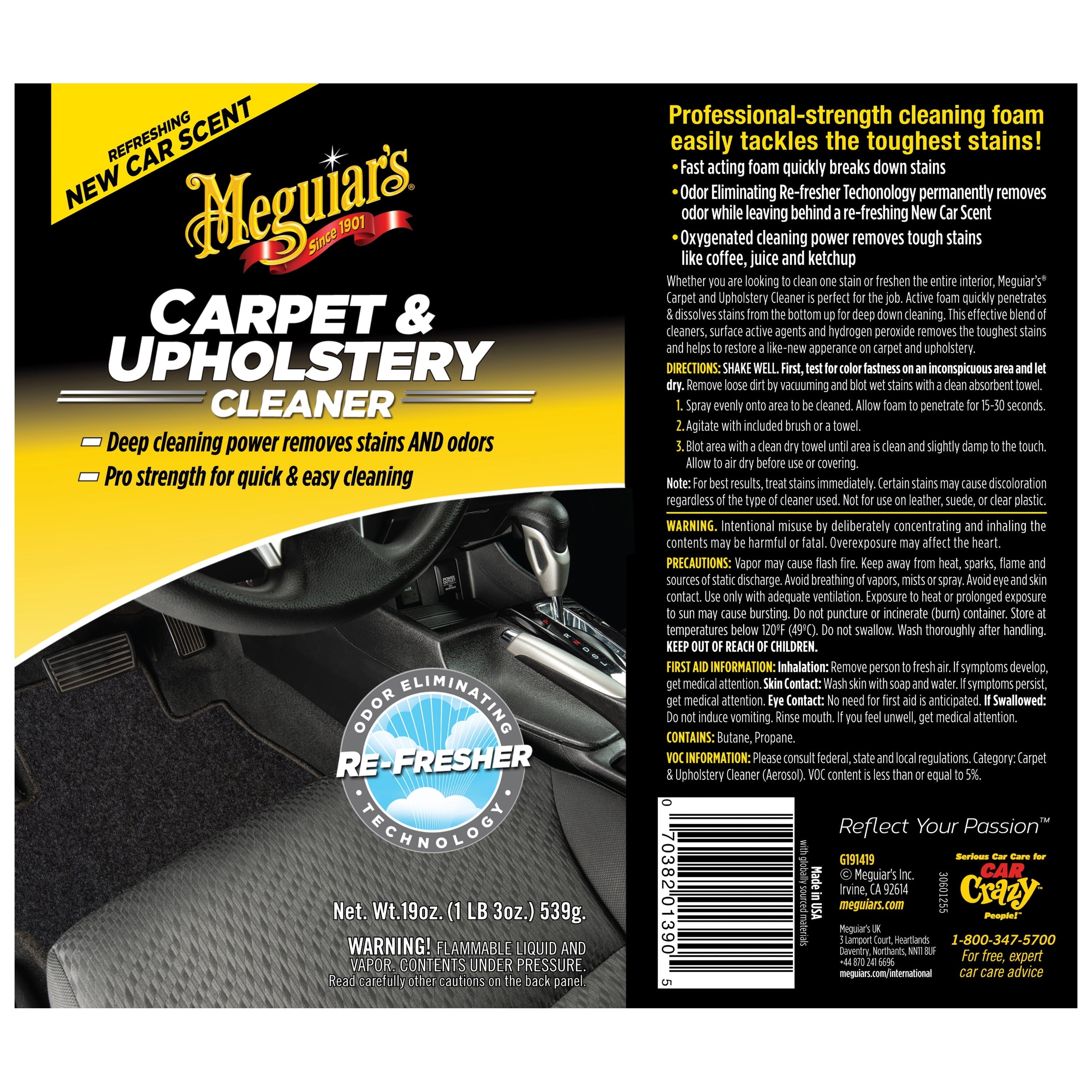 Meguiar's Carpet & Upholstery Cleaner, G191419, 19 Oz, Foam Spray