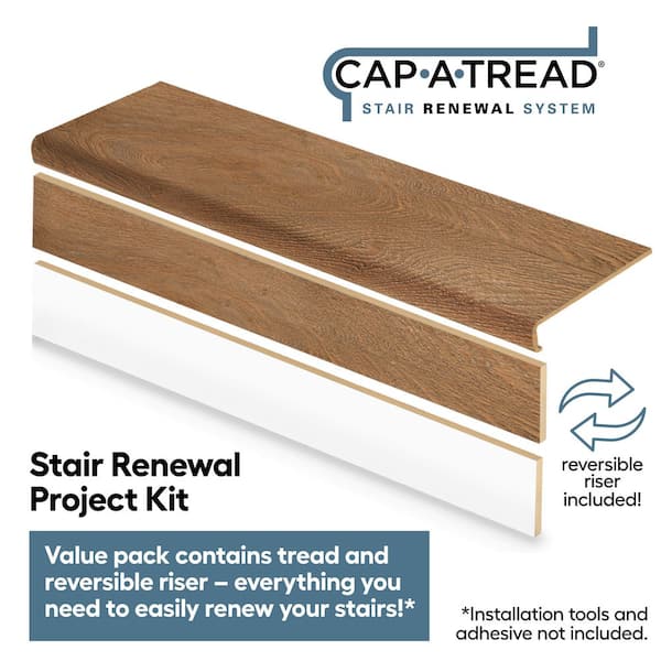 Perryridge Oak 47 in. L x 12.15 in. W x 2.28 in. T Laminate Stair Tread and Reversible Riser Kit Adhesive