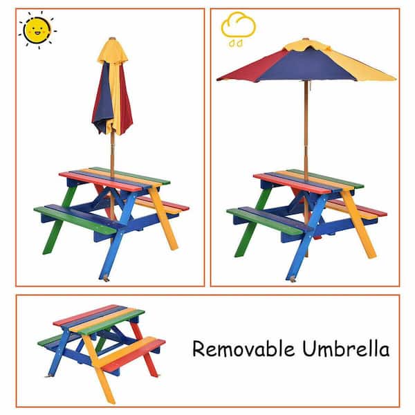 Rectangular Wood Kids Picnic Table with Bench and Umbrella (4-Seat)