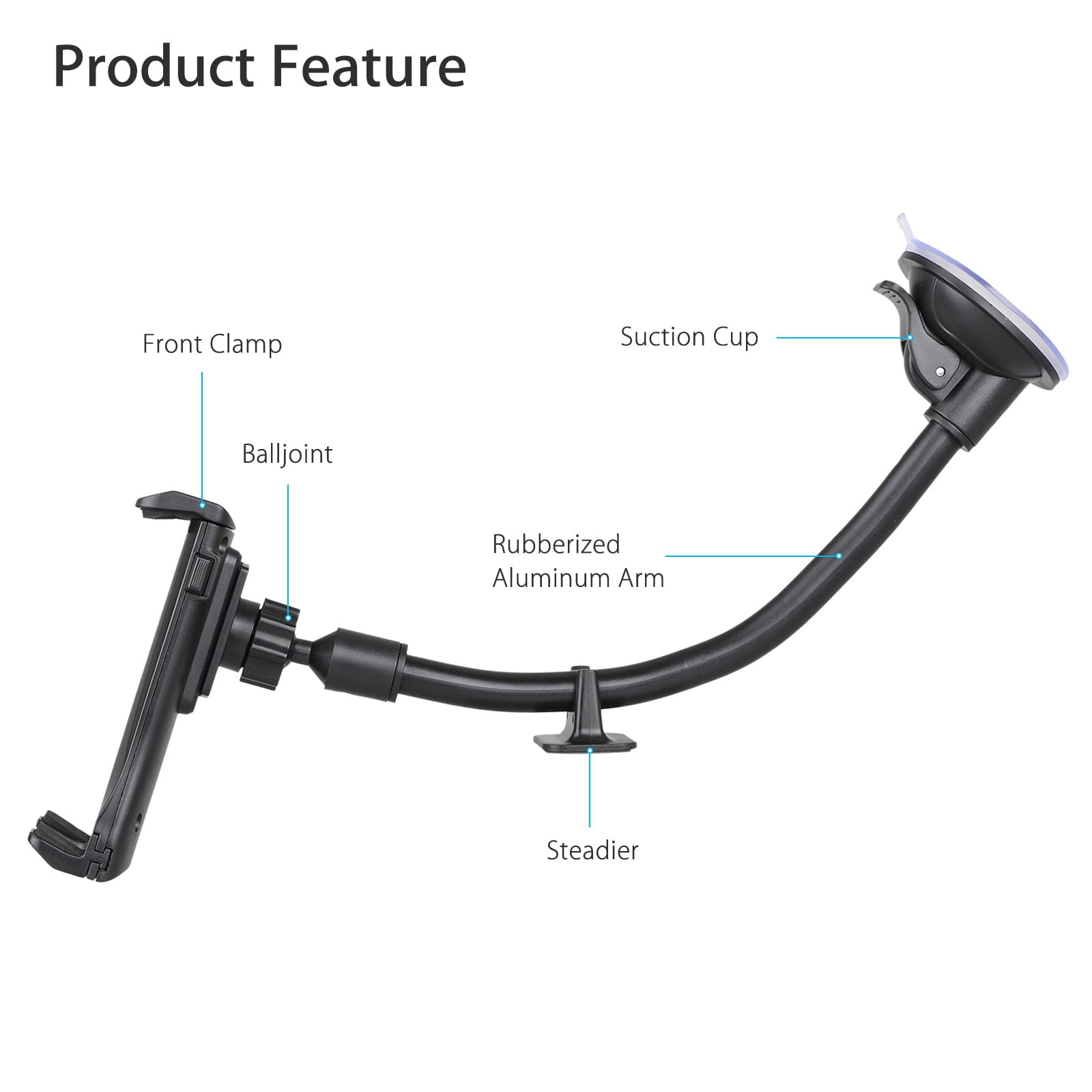 Tablet Car Mount Holder, TSV Long Arm Suction Cup Mount Stand Cradles for 4-12inch Tablet Cell Phone SUV Truck Vehicle Auto, Windshield Mount Holder, 360degree Rotating Hands-Free Navigation