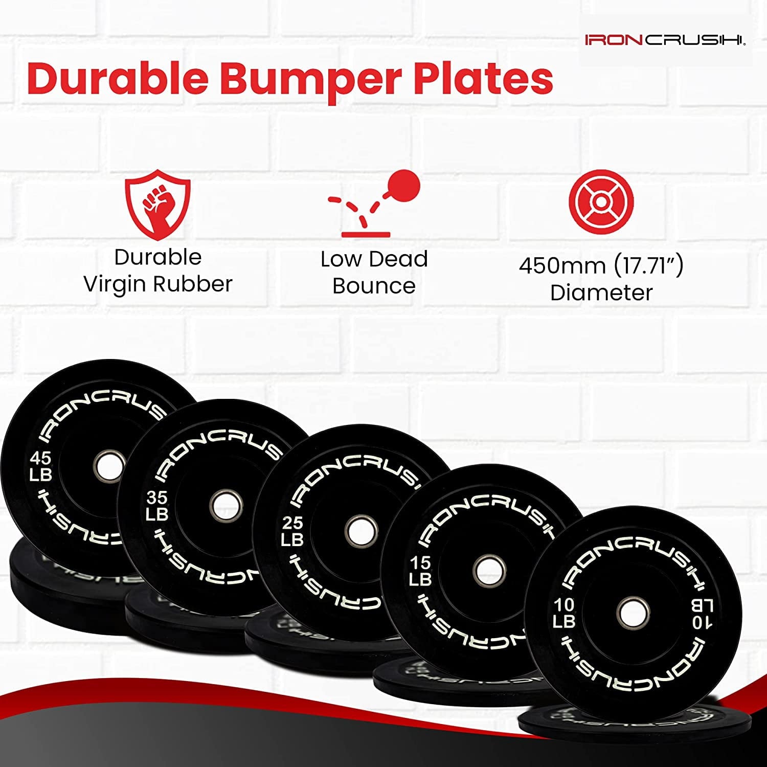 Iron Crush Olympic Bumper Plates Set - Virgin Rubber Weights for Strength Training - Stainless Steel Inserts, Fits 2