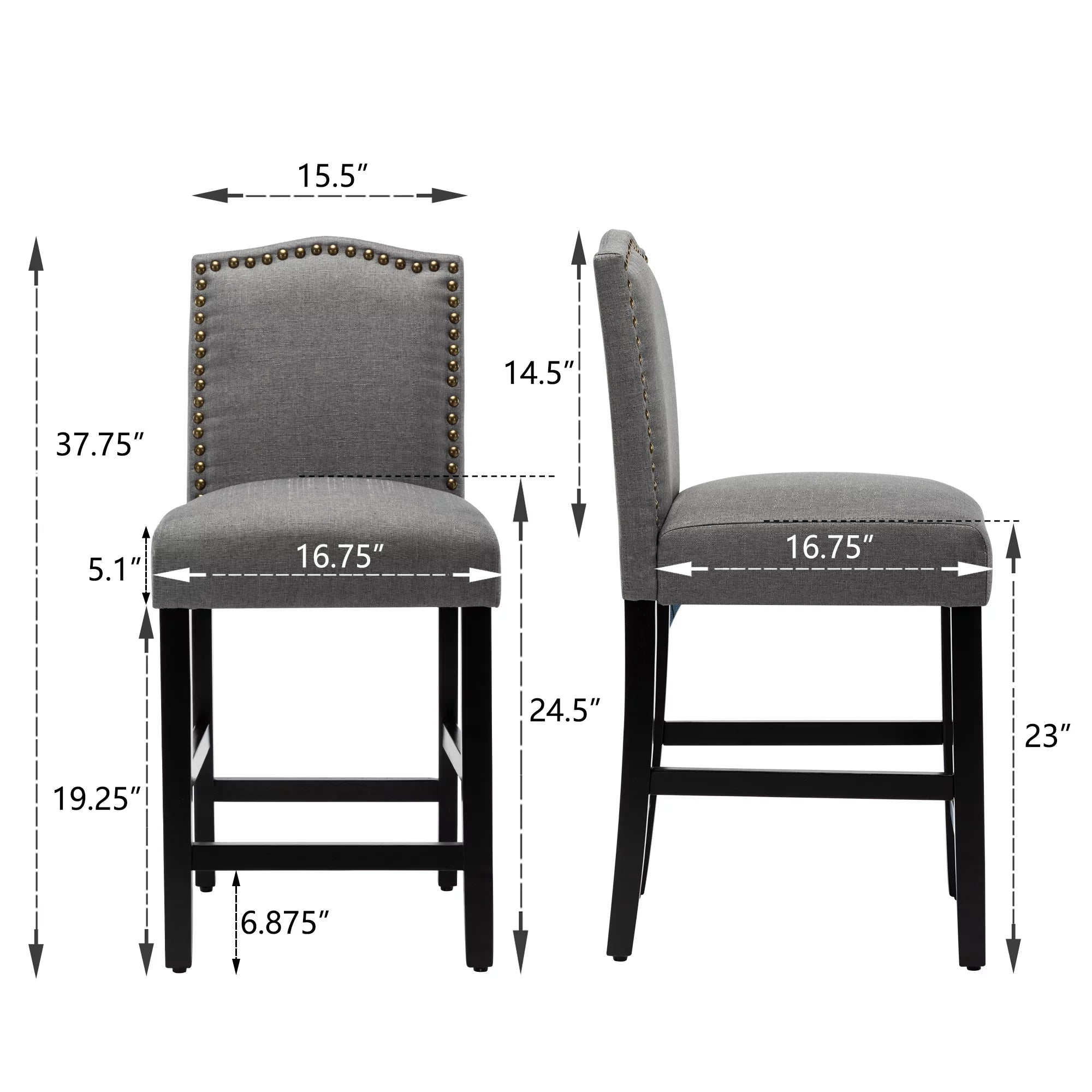 Wooden Counter Height Fabric Upholstered Bar Stool with Nail Head Trim, Gray, Set of 2