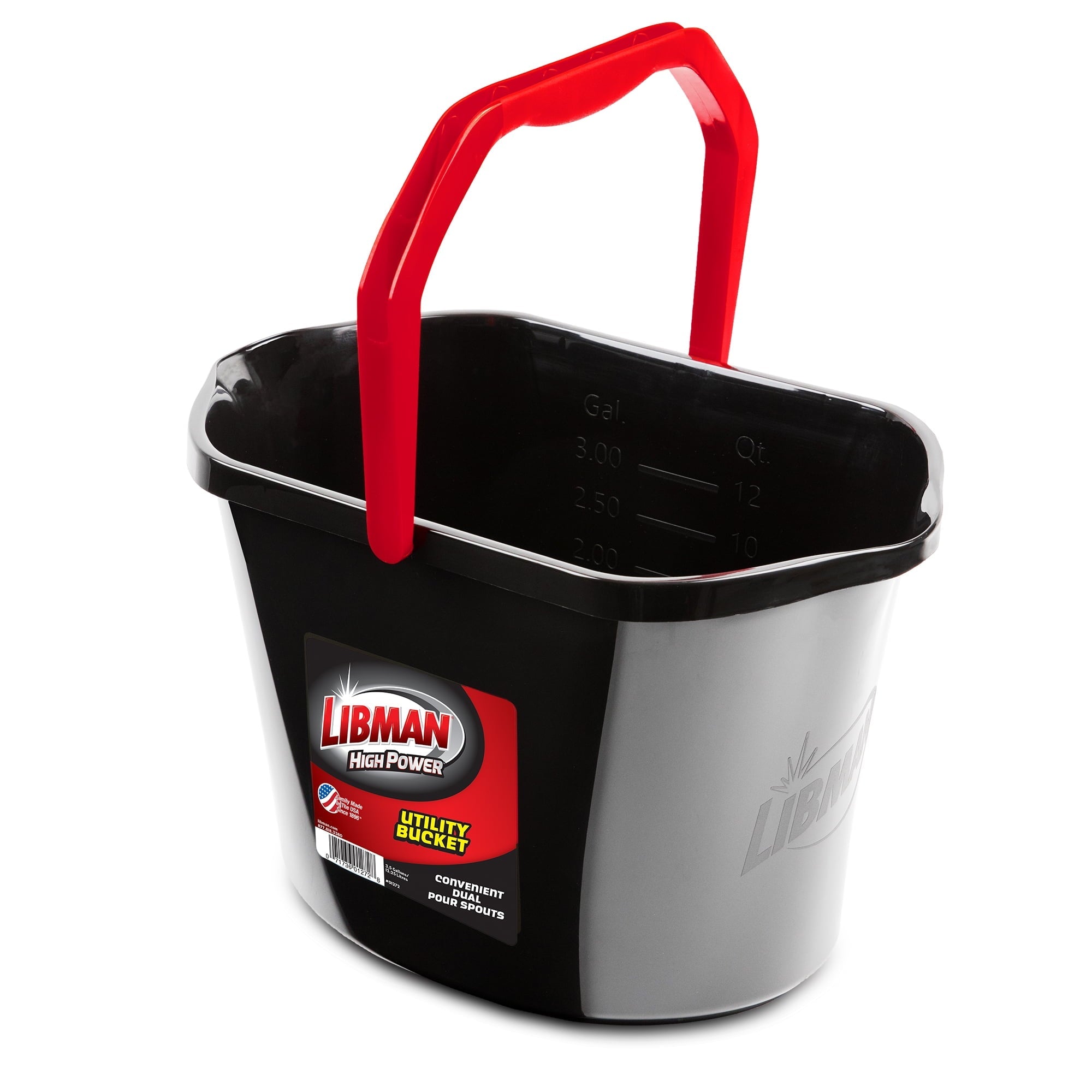Libman Black and Red High Power 3.5 gal Plastic Utility Bucket, Dual Pour Spouts