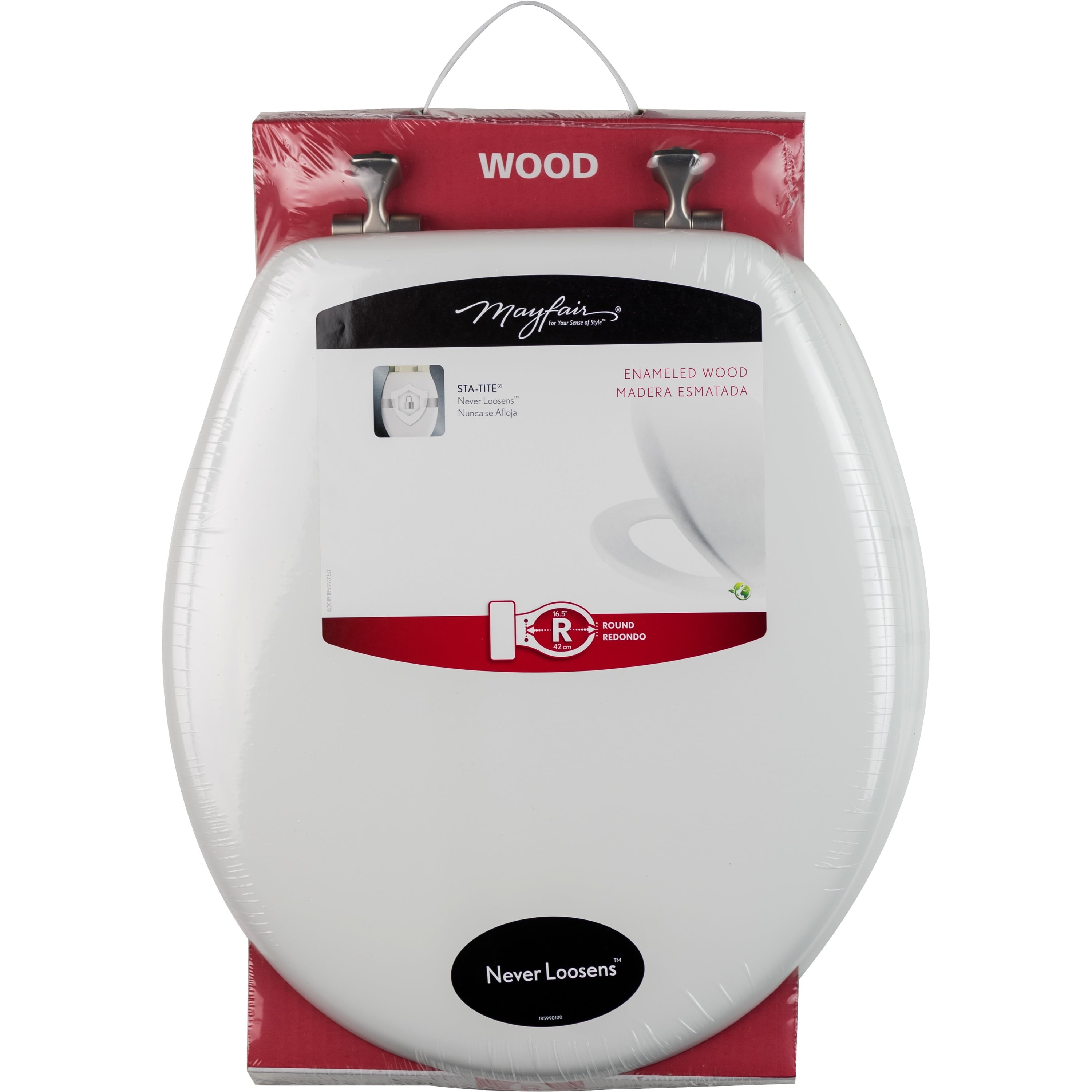 Mayfair Edgewater Round Enameled Wood Toilet Seat in White Never Looosens Brushed Nickel Metal Hinge