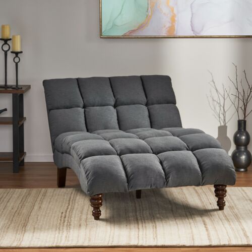 Kaniel Tufted Fabric Double Chaise by Christopher Knight navy blue + dark espres