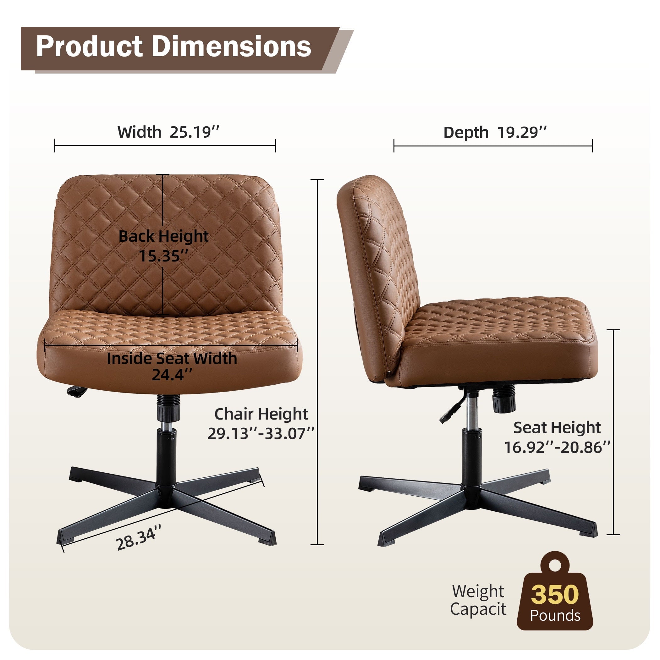 JONPONY Armless PU Leather Office Desk Chair,Cross Legged Home Office Chair No Wheels Heavy Duty Metal Base,120° Rocking Ergonomic PC Chair,Brown