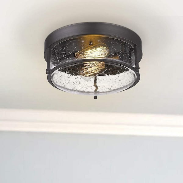 12 in. 2-Light Oil Rubbed Bronze Finish With Seeded Glass Shade Ceiling Flush Mount Light Fixture