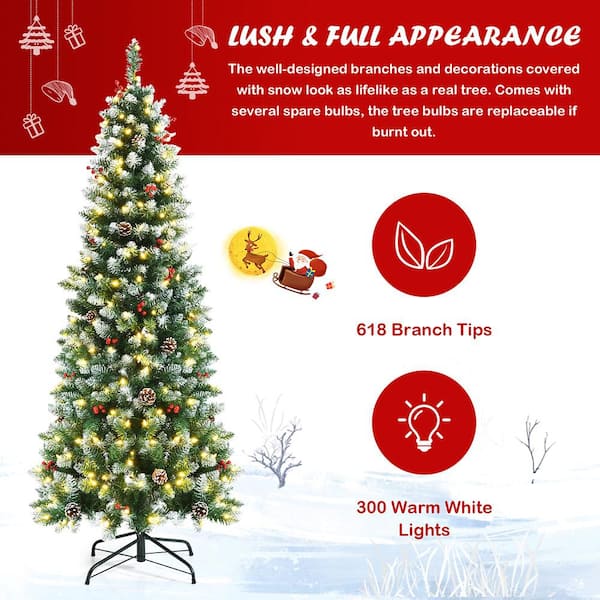 6 ft. Pre-Lit Artificial Christmas Tree Hinged Pencil Christmas Tree Decorated Snow Flocked Tips