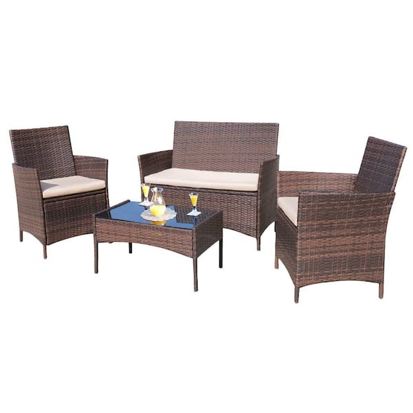 Brown 4-Pieces Wicker Outdoor Patio Furniture Sets Rattan Chair Wicker Set with Beige Cushion