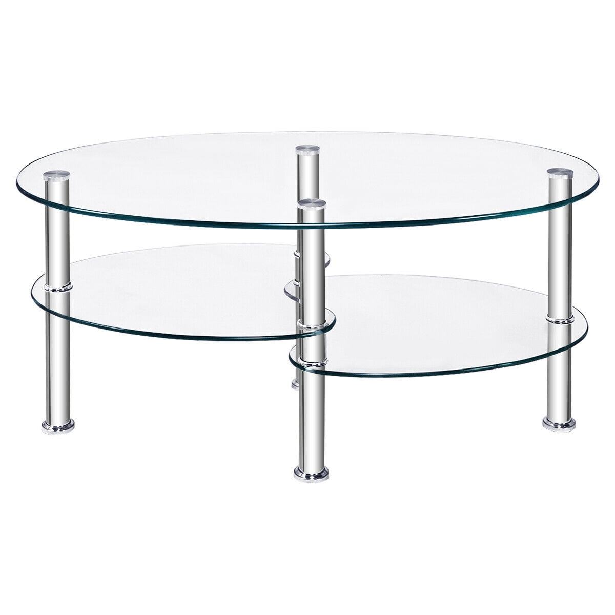 Costway Tempered Glass Oval Side Coffee Table Shelf Chrome Base Living Room Clear