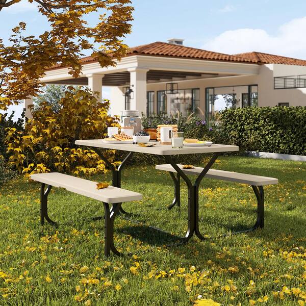 6ft. Brown Outdoor Picnic Table and Bench with Umbrella Hole