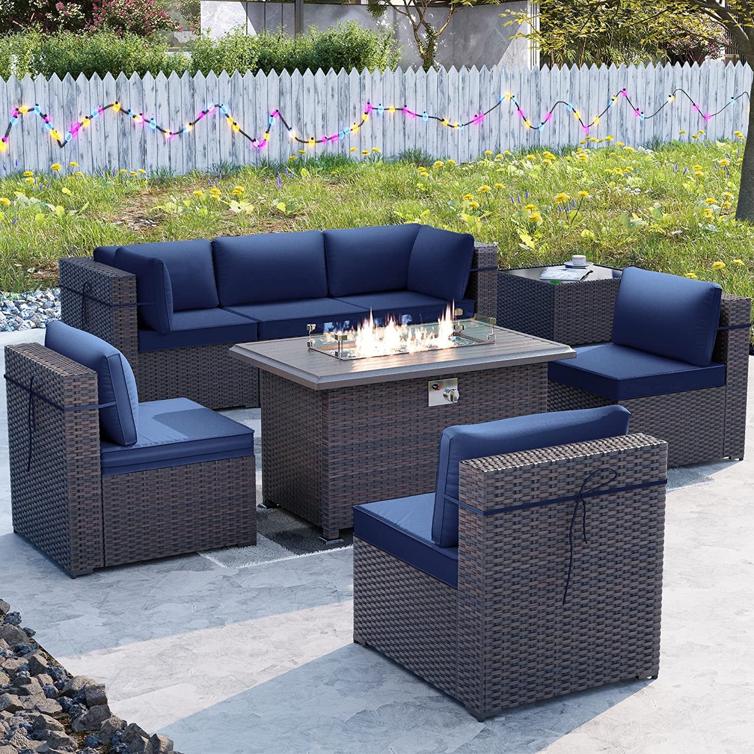 Kullavik Patio Furniture Set PE Rattan Auto-Ignition Propane Fire Pit Windshield Coffee Table Navy Blue