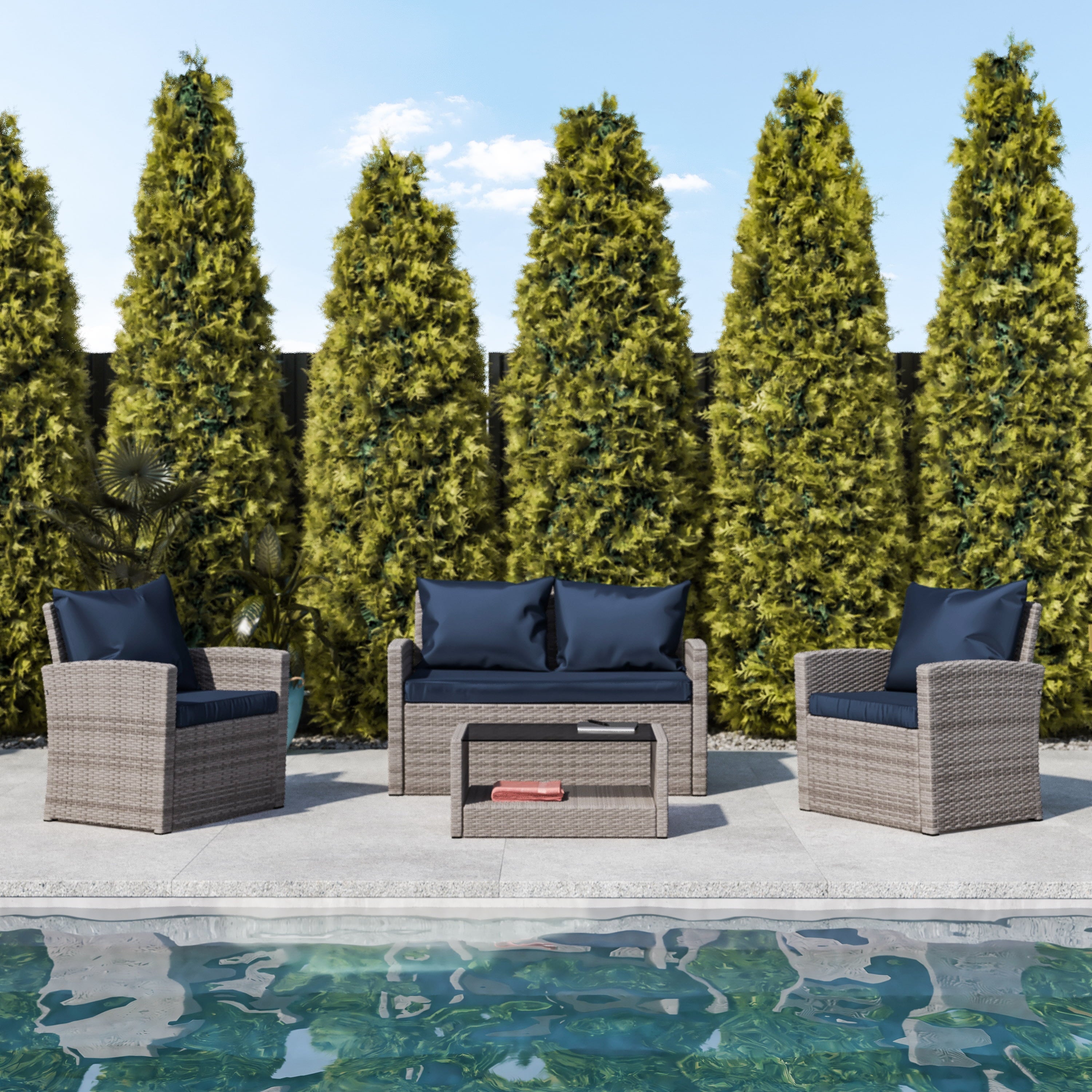 Flash Furniture Aransas Series 4 Piece Light Gray Patio Set with Navy Back Pillows and Seat Cushions