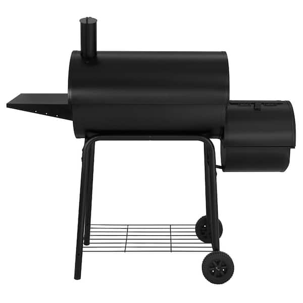 Charcoal Grill in Black with Offset Smoker and Side Table