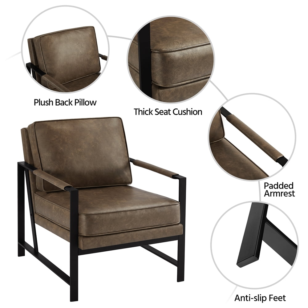 Topeakmart Upholstered Faux Leather Lounge Chair Accent Chair with Metal Arms, Brown