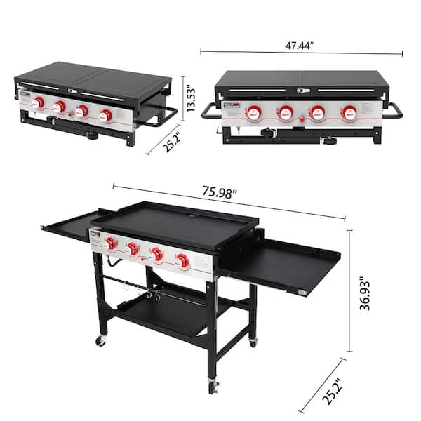 36 in. 4-Burner Propane BBQ Grill in Black Flat Top Gas Griddle with Top Cover Lid, for Large Outdoor Camping