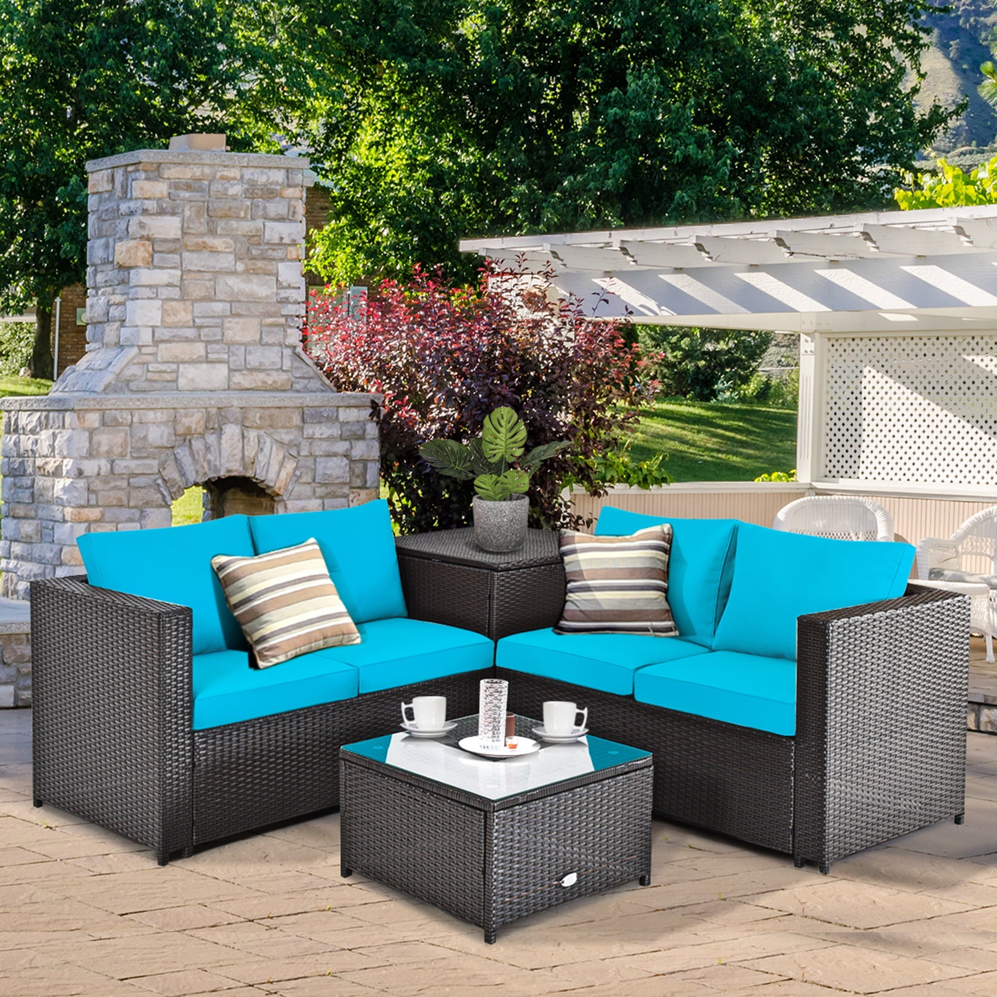 Gymax 8PCS Cushioned Rattan Patio Conversation Set w/ Side Table Turquoise Cushion