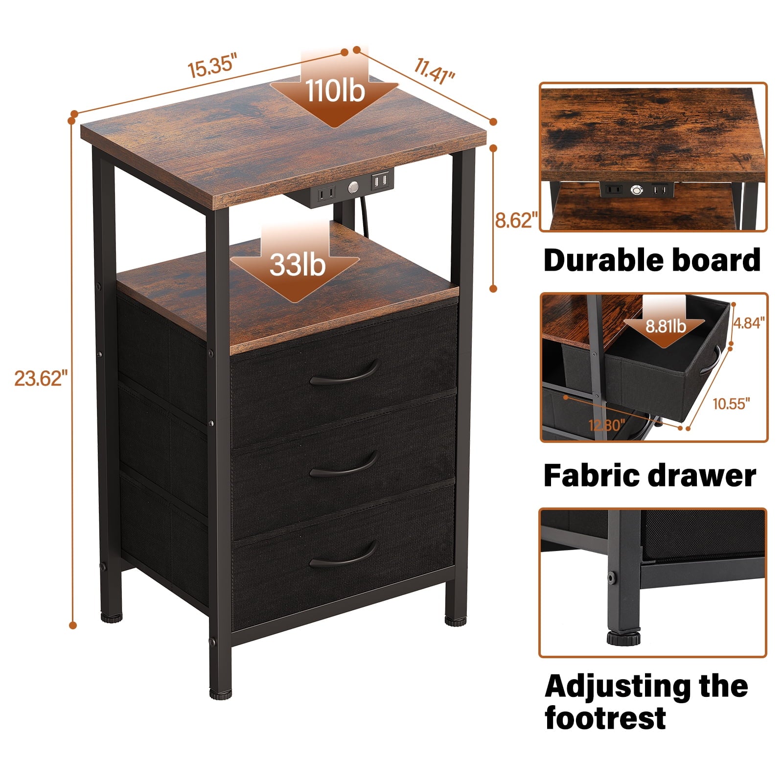 3-Tier Nightstand with Drawers and Charging Station, End Table with Storage Shelf and USB Ports& Power Outlets Side Table for Living Room,  Rustic Brown
