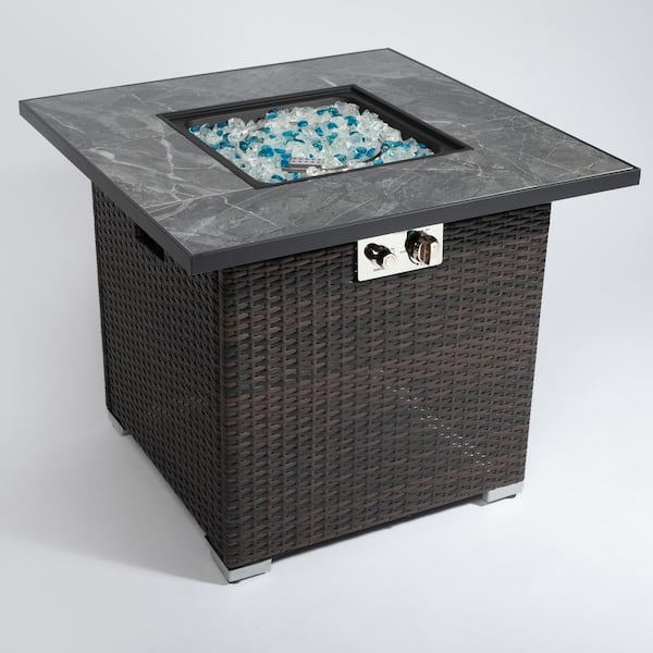 Brown 30 in. Wicker Outdoor Fire Pit Table, Propane Gas Fire Pit Table with Lid, Glass Rocks and Rain Cover