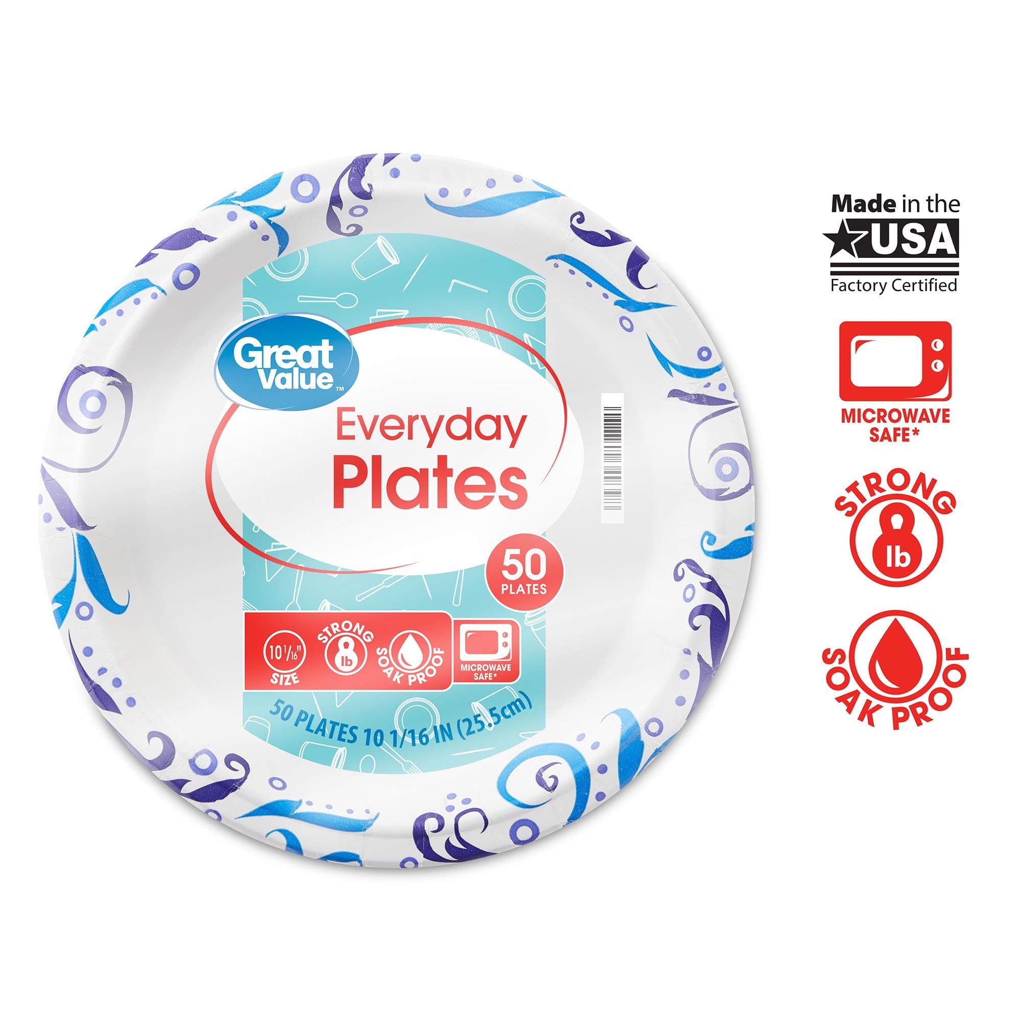 Great Value Everyday Strong, Soak Proof, Microwave Safe, Disposable Paper Plates, 10