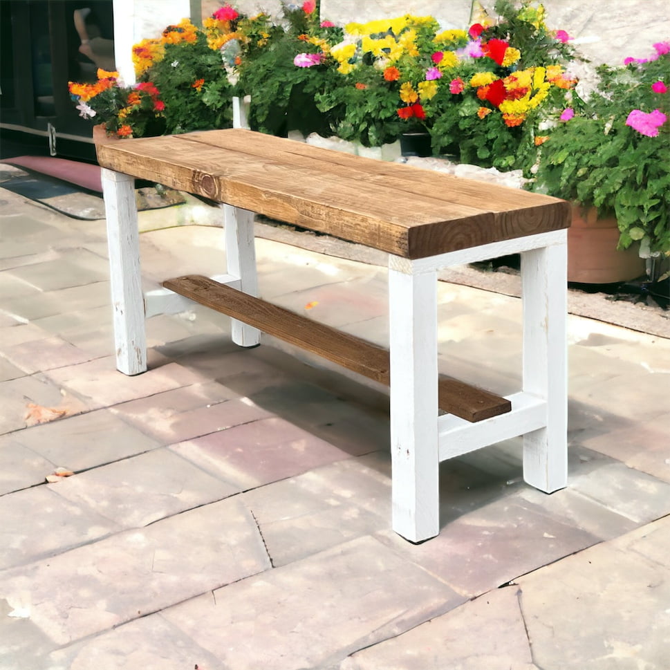 Rustic Bella Two Tone Real Solid Wood Entryway Accent Bench, White and Walnut