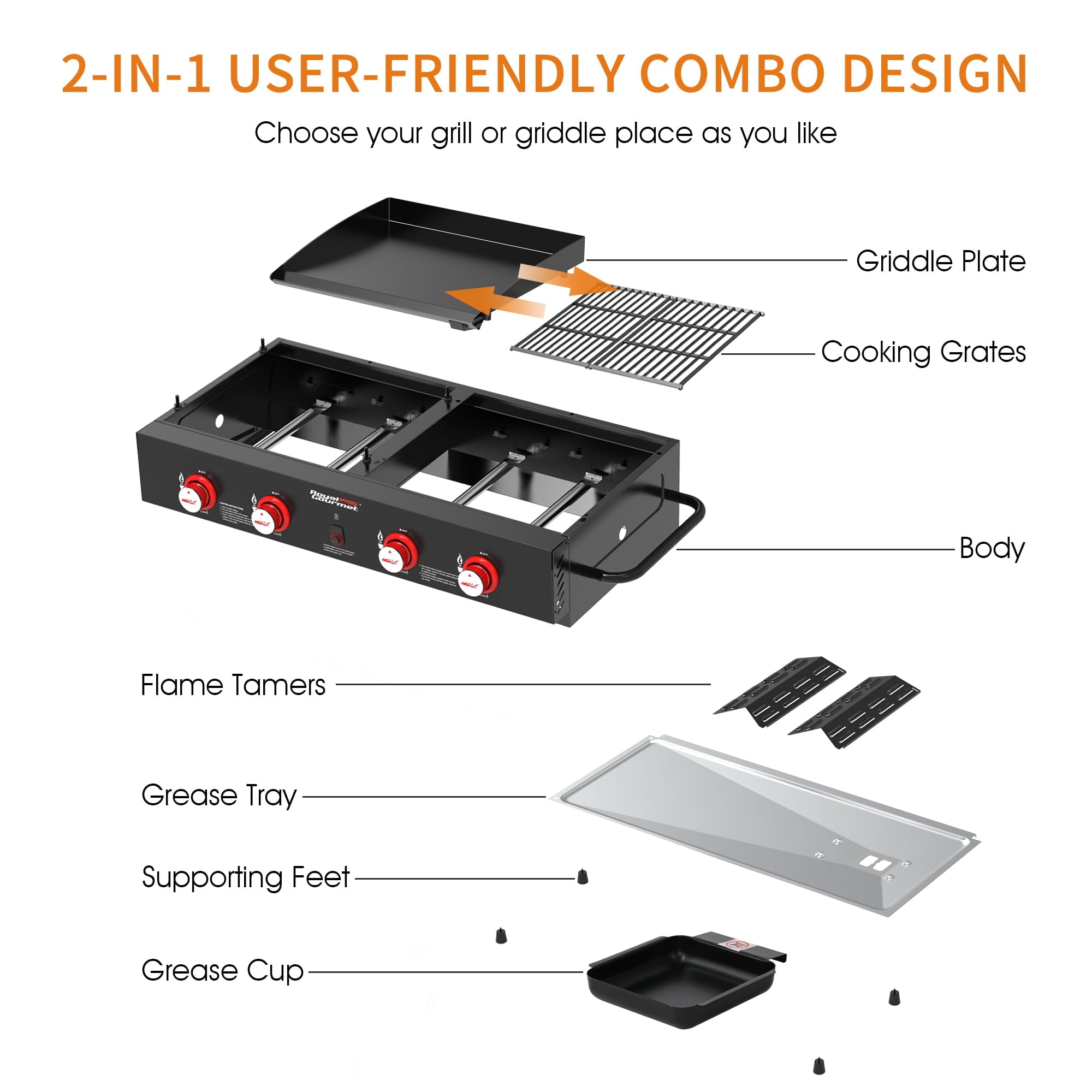 Gourmet 4-Burner GD4002T Portable Gas Grill and Griddle Combo, 40000 BTU
