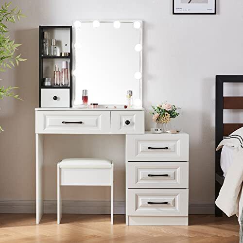 White Modern Makeup Dressing Table With Charging Station Vanity Desk With Slidin
