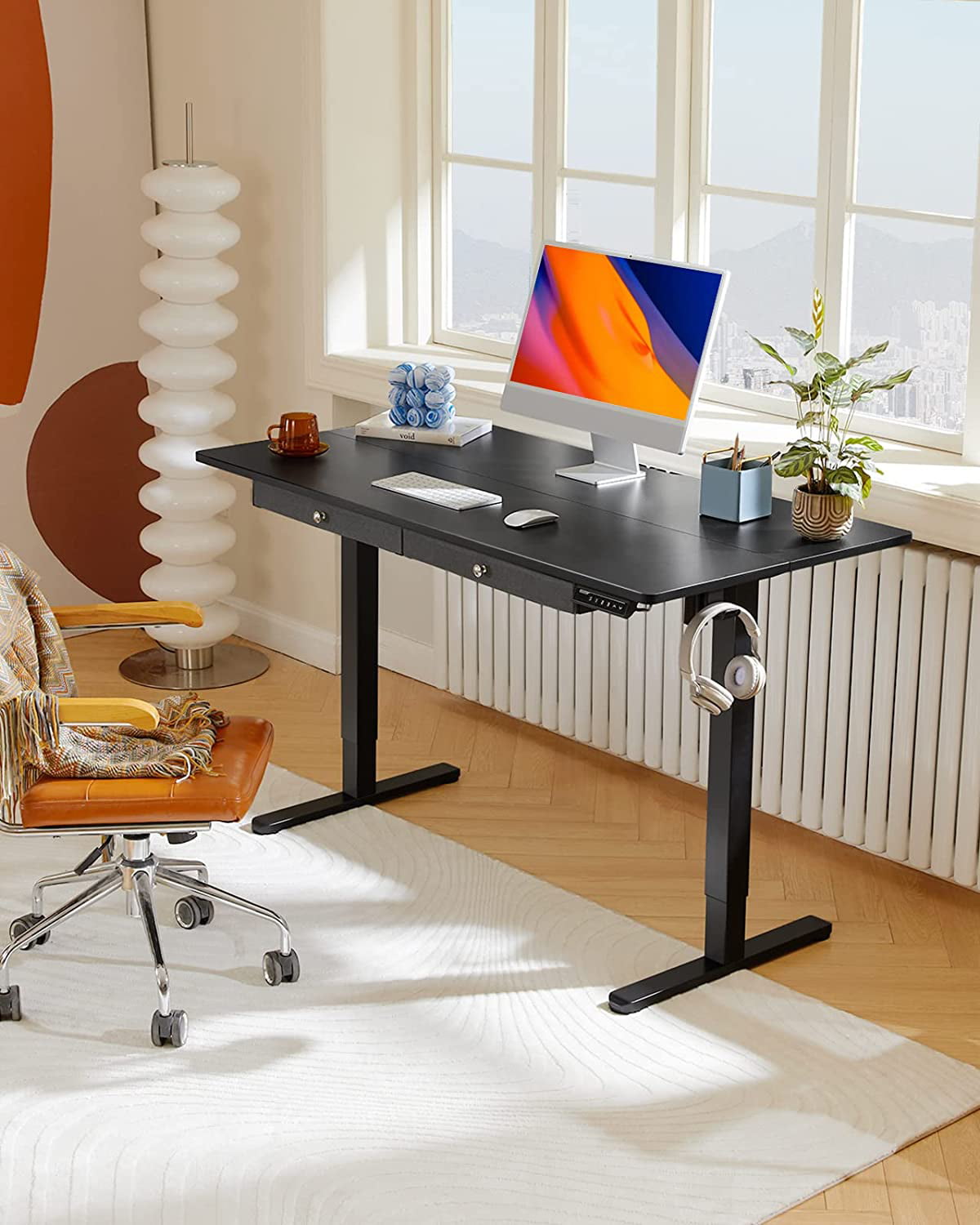 Kyspho Adjustable Height Electric Standing Desk with Double Drawers, 48x24 inches Sit Stand Up Desk Computer Workstation for Home Office, Black