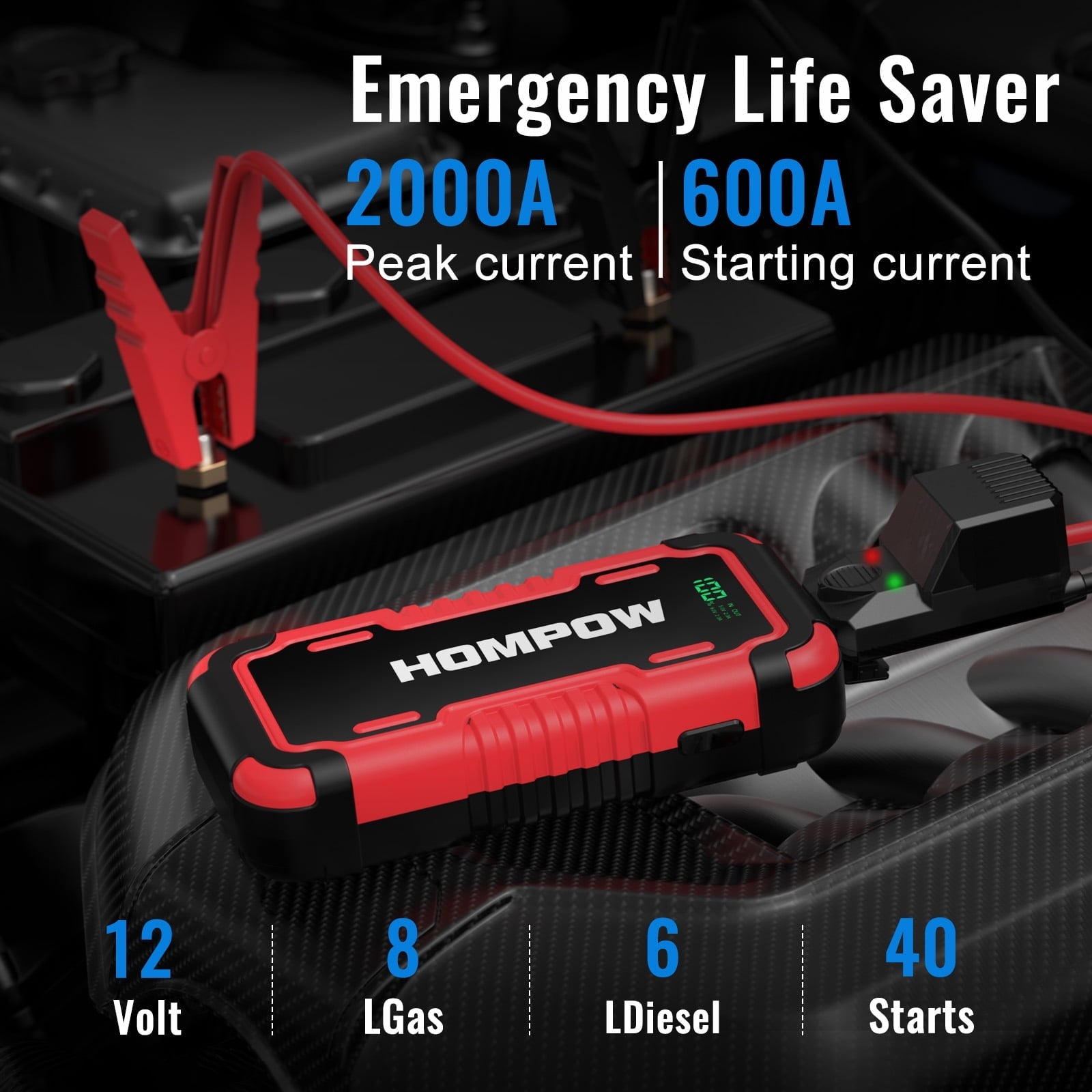 Car Jump Starter, HOMPOW 2000A Peak 18000mAh Lithium Jump Starter Battery Pack for up to 8L Gas or 6L Diesel Engine, Safe 12V Portable Battery Starter Power Pack with LED Screen & LED Light