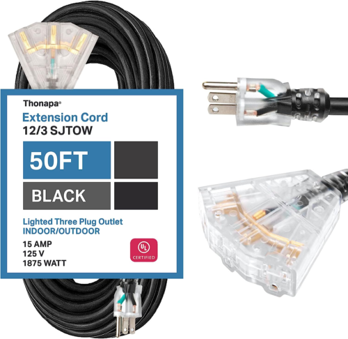 50 Ft Heavy Duty Extension Cord with 3 Outlets, SJTOW Oil Resistant 12 Gauge Ext
