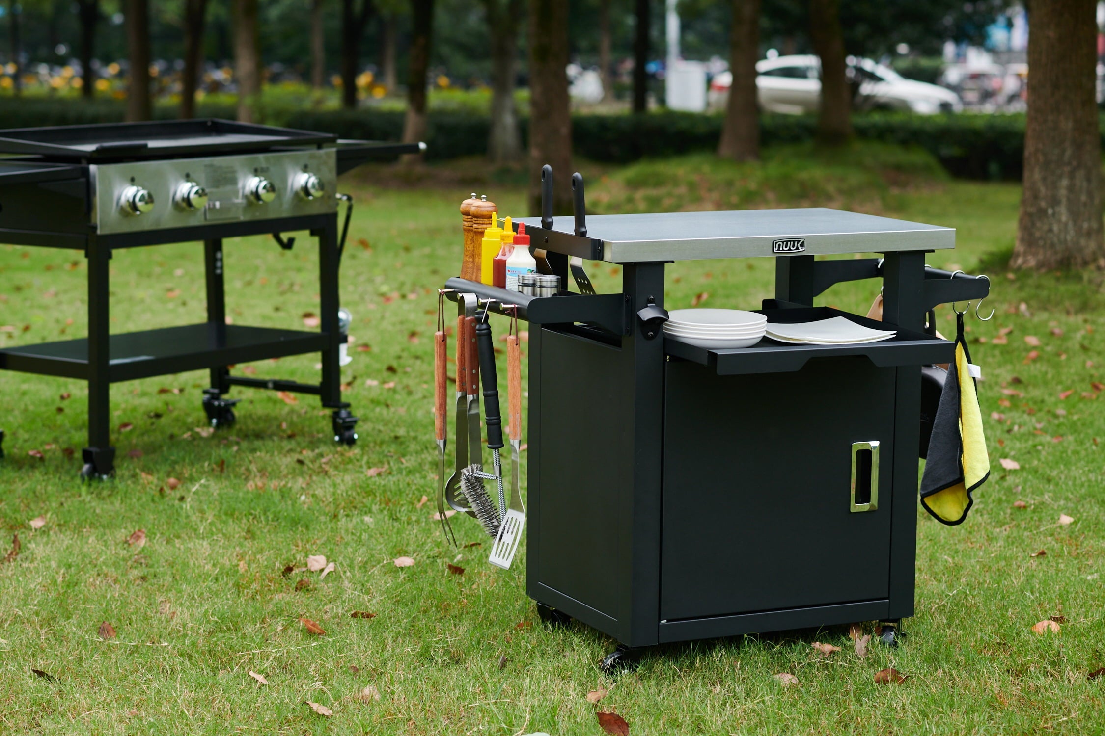 Deluxe 30IN Outdoor Rolling Grill Cook Station, Bar Table with Patio Storage Cabinet and Outdoor Dining Table, Black