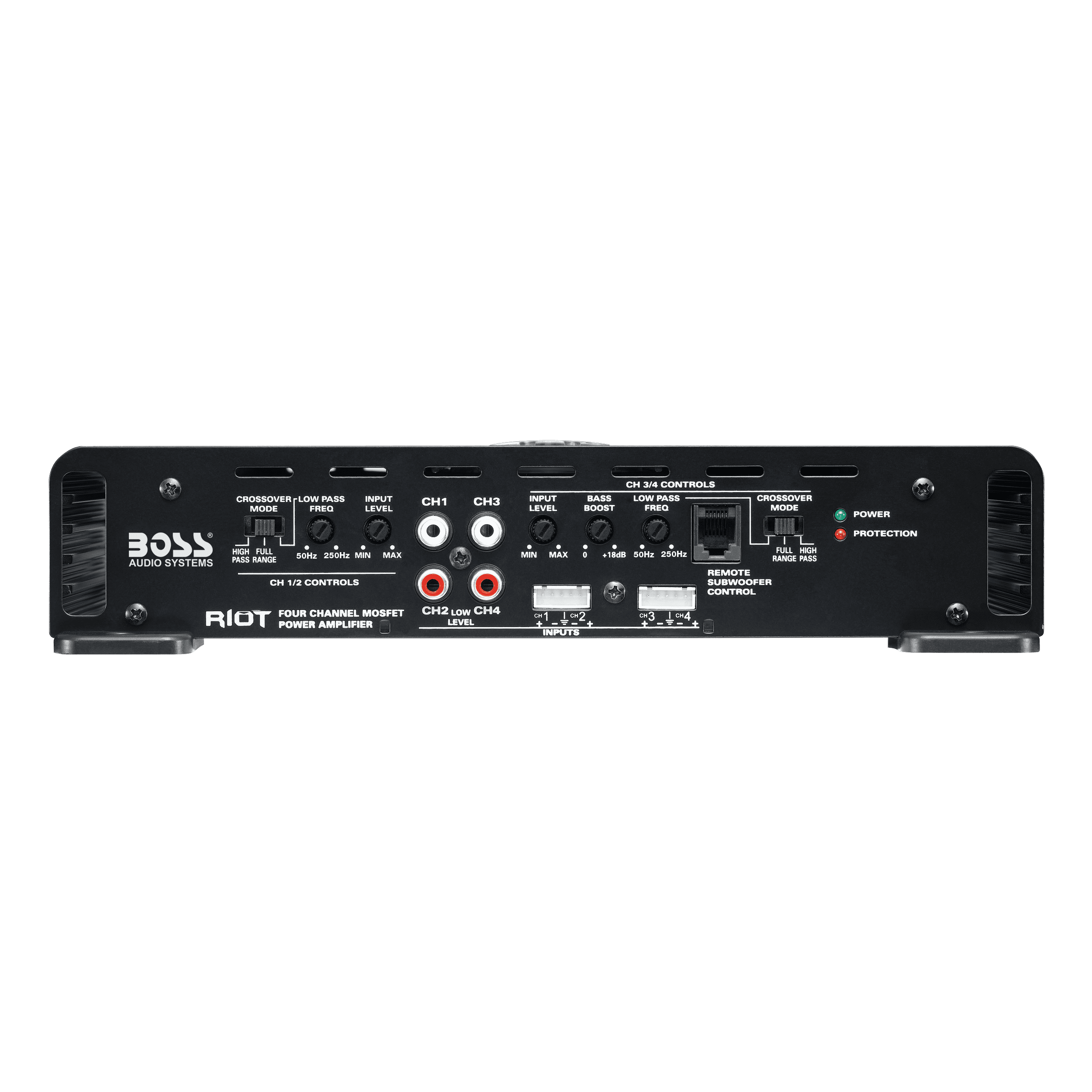 BOSS Audio Systems R2504 Riot Series Car Audio Amplifier - 1000 High Output, 4 Channel, Class A/B, 2/4 Ohm, High/Low Level Inputs, High/Low Pass Crossover, Bridgeable, Full Range