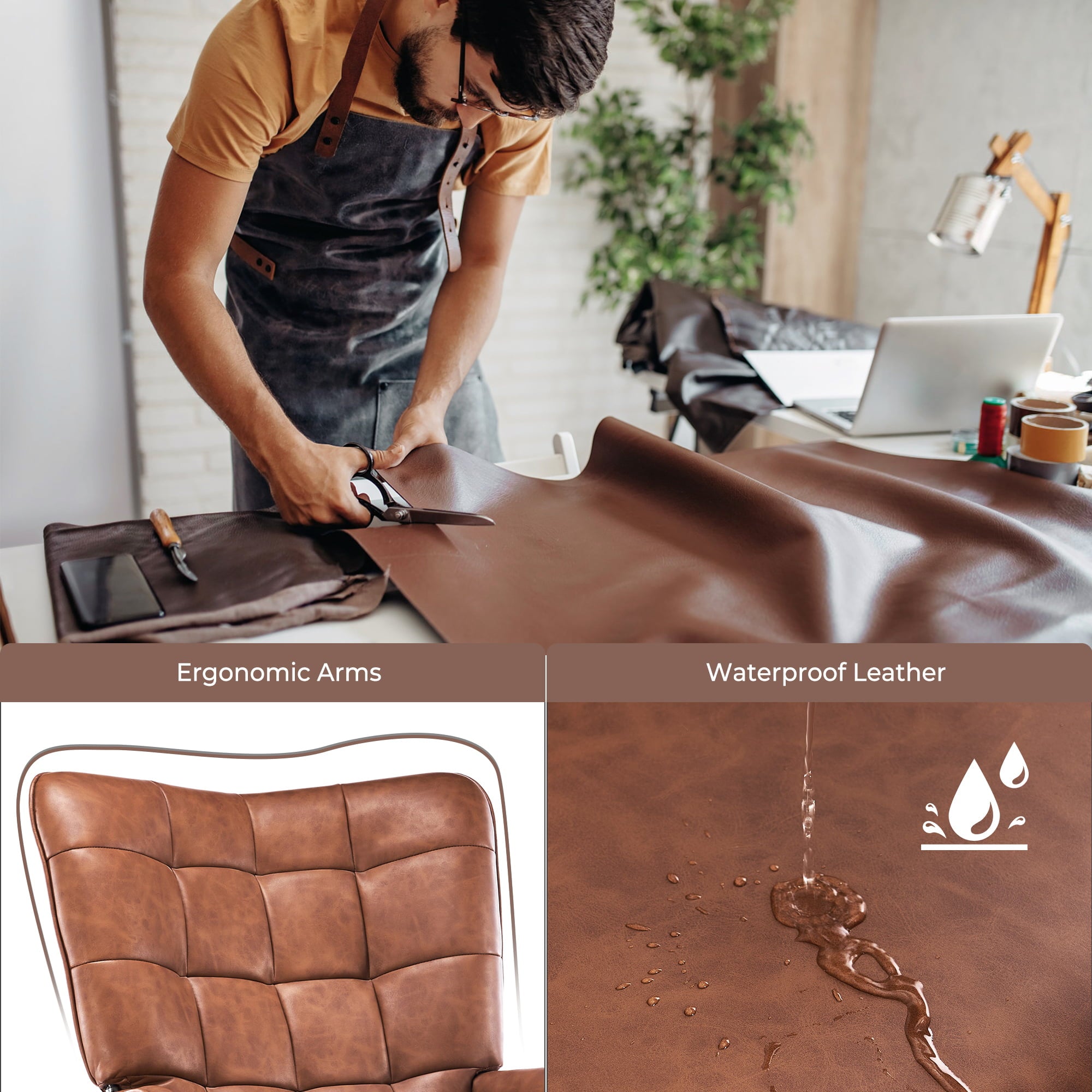 Unikome Livingroom Chairs  Mid-Century Modern Accent Chair, Faux Leather Wingback Accent Chair PU Leather Accent Chair for Home Office/Living Room/Bedroom, Brown