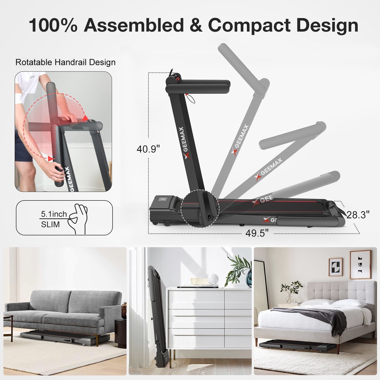 GEEMAX 3.0HP 2 in 1 Dual Display Folding Treadmill Under Desk Treadmill W/APP and 12 Pre-Set Fitness Exercise Programs & Remote Control Electric Treadmill Jogging Machine , 265 lb Capacity 0.6-7.5MPH