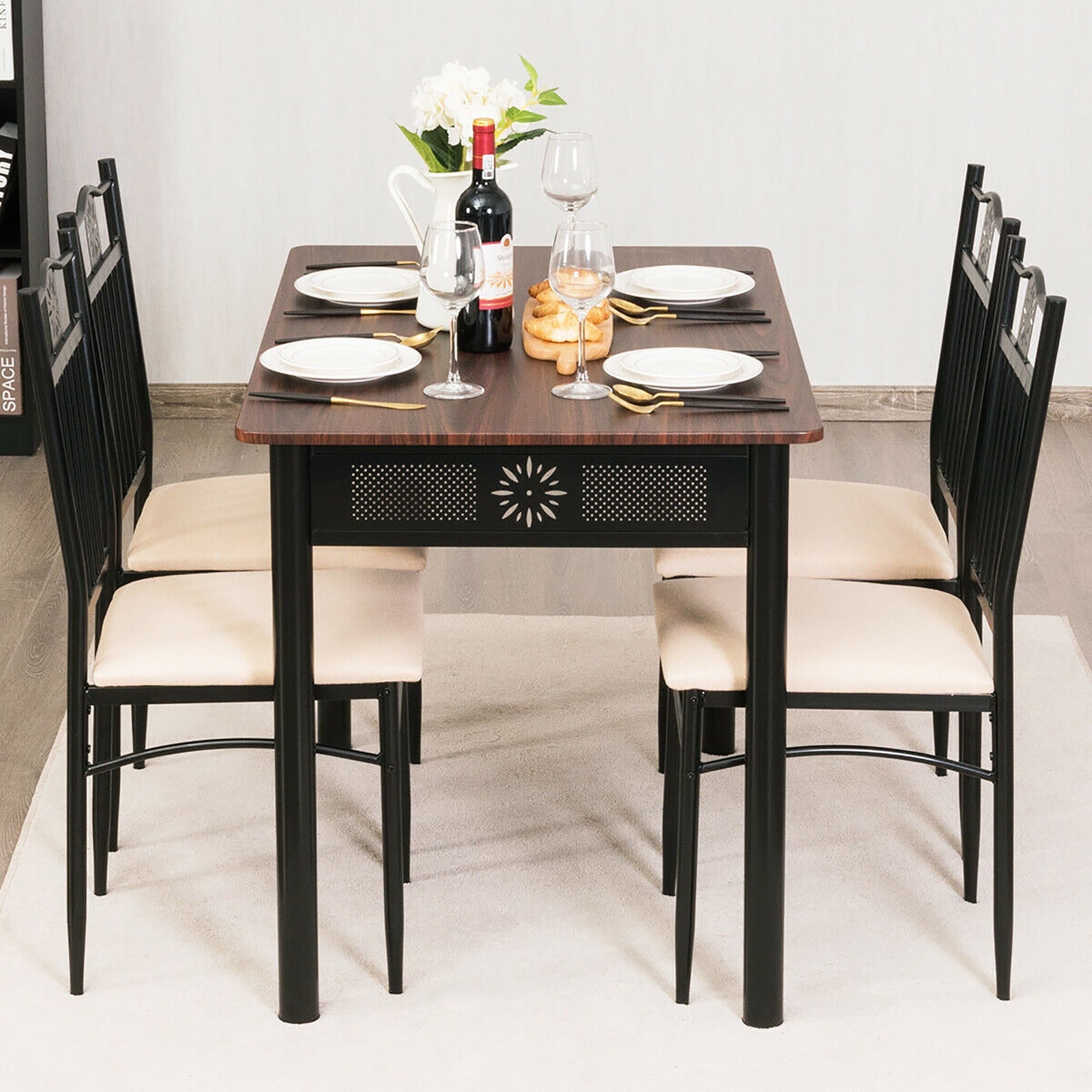 Costway 5 Piece Dining Set Wood Metal Table and 4 Chairs Kitchen Breakfast Furniture