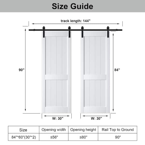 60 in. x 84 in. Paneled H Shape MDF White Primed Double Sliding Barn Door Slab with Hardware Kit