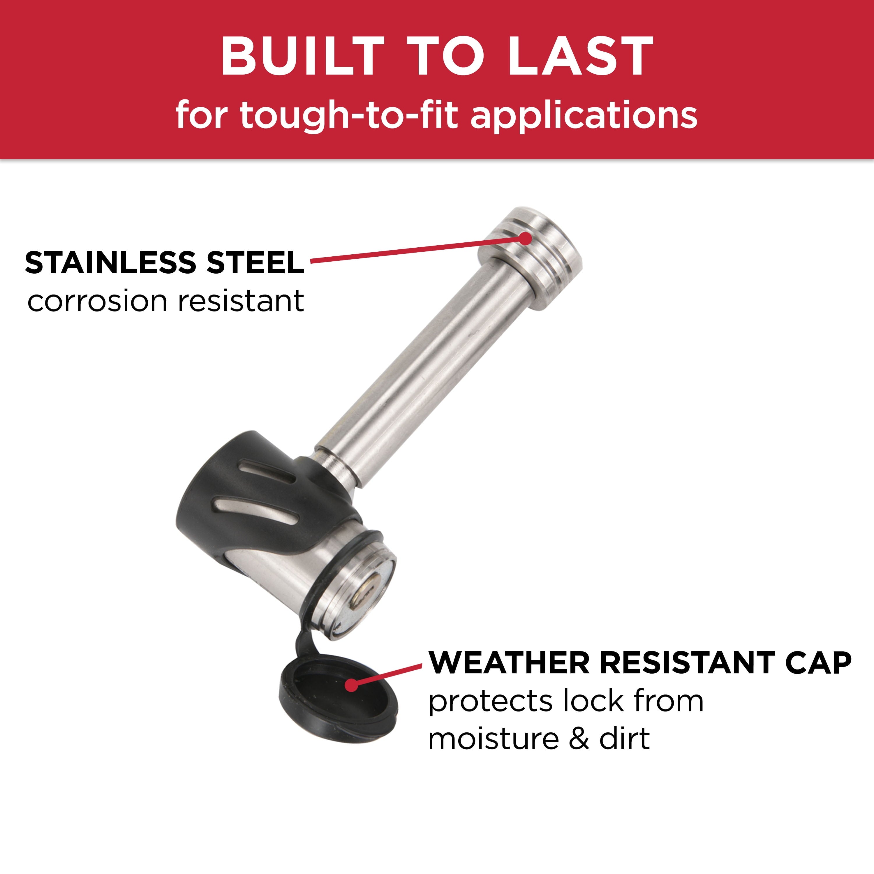 TowSmart Locking Hitch Pin, 1/2in and 5/8in Pin, Stainless Steel, 7276, 2.75in Span, Includes 2 Keys