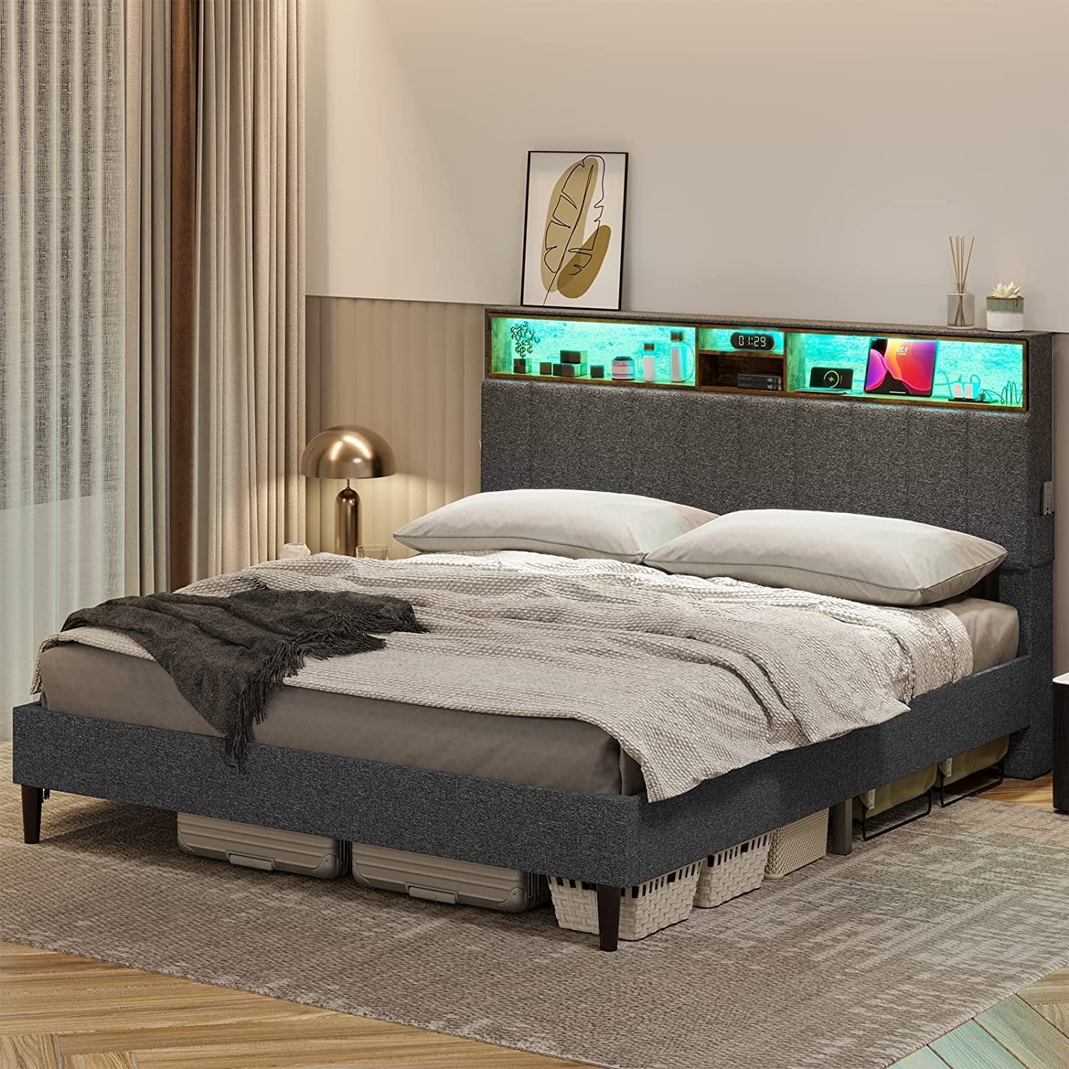 Queen Size LED Bed Frame with Outlet and USB Ports, Upholstered Platform Bed Frame with Storage Headboard, No Box Spring Needed, Dark Grey