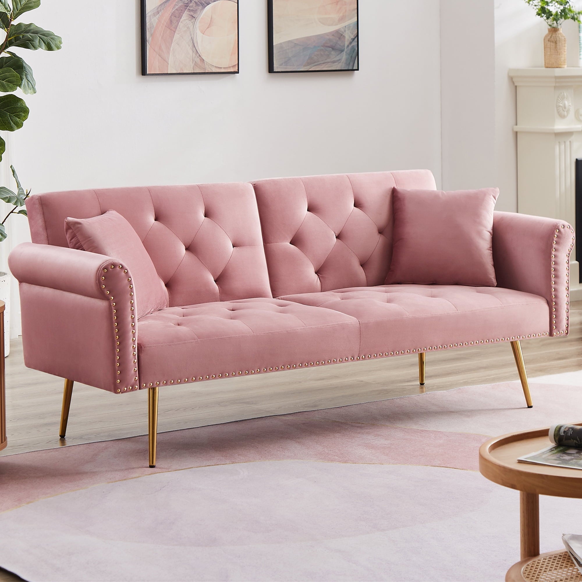 uhomepro Modern Sofa Bed, Convertible Sleeper Sofa with Metal Legs, 2 Pillows, Upholstery Fabric Futon Sofa Bed, Love Seat Living Room Bedroom Furniture for Small Space Office, Pink