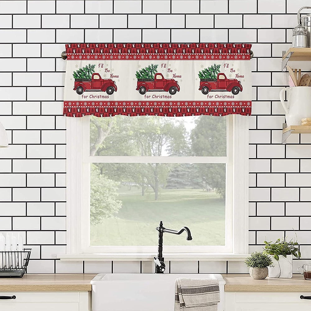 Capreze Christmas Window Drapes Xmas Kitchen Valance Short Curtain Slot Top Window Drapes Curtain Cafe Tier Christmas Short Curtain D W:91