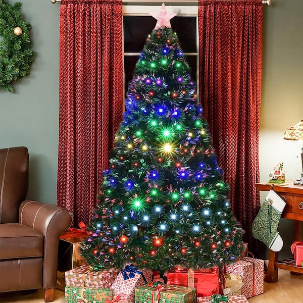7 ft. Green Pre-lit LED Fiber Optic Artificial Christmas Tree with 280 Multi-Color LED Lights and Metal Stand