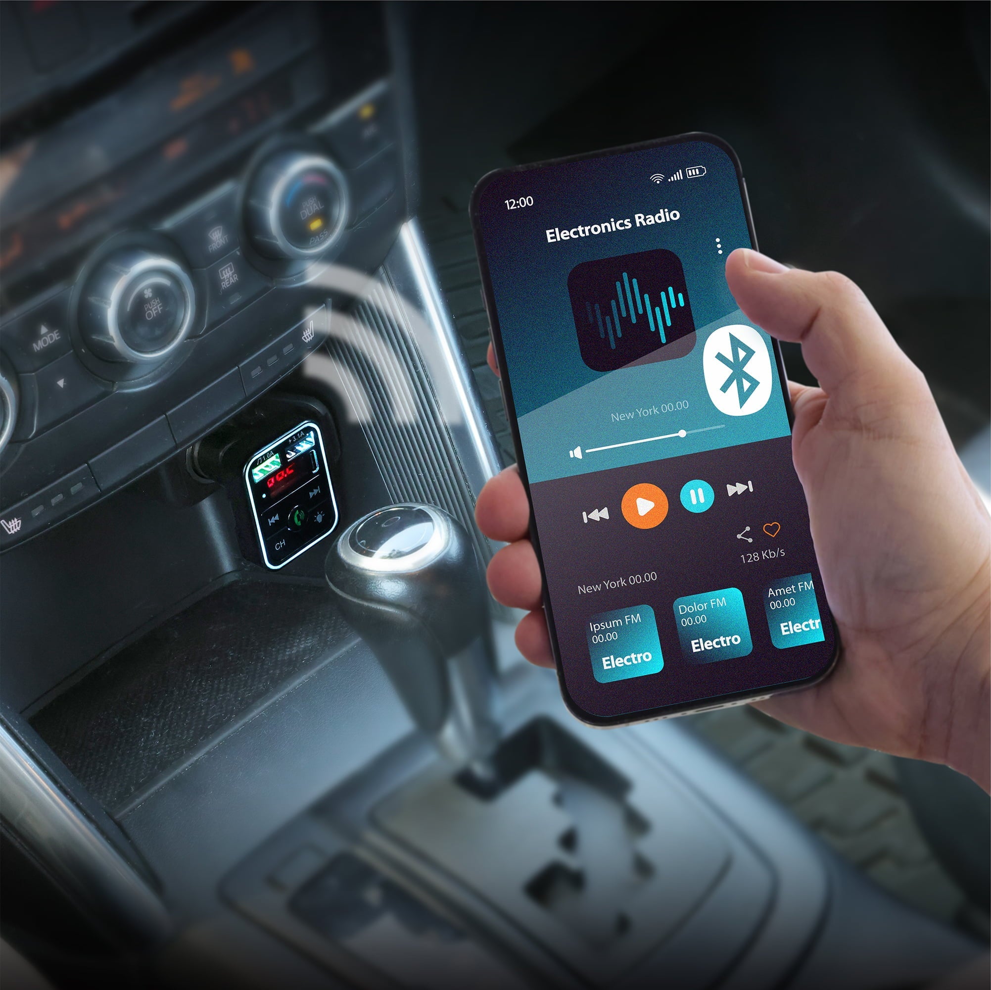 onn. Bluetooth LED FM Transmitter Car Charger with LCD Screen